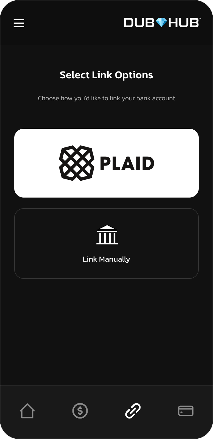 Select link options Plaid or manual